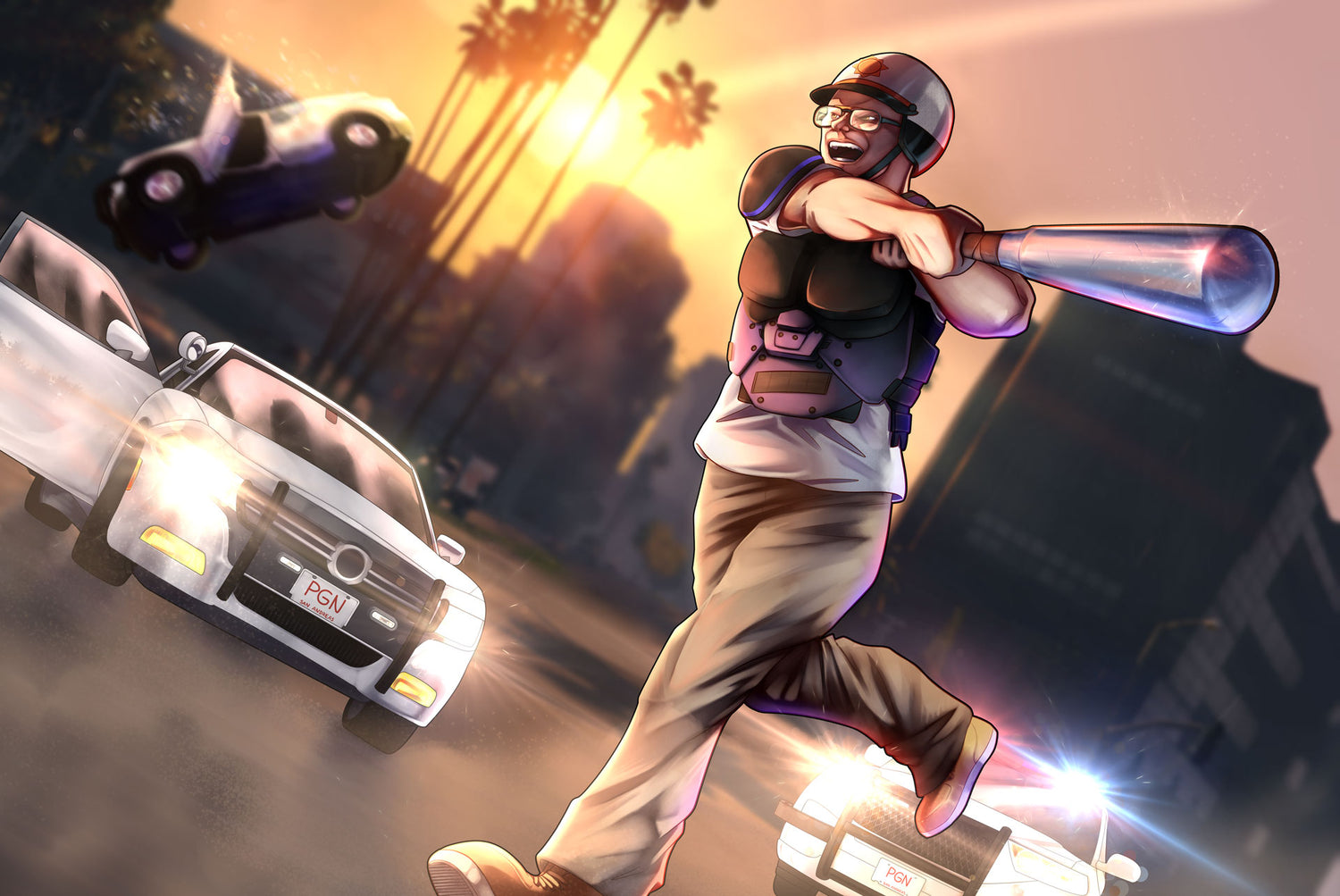 Danny Dongus, a jmwFILMS character, swinging his super baseball bat at cop cars.